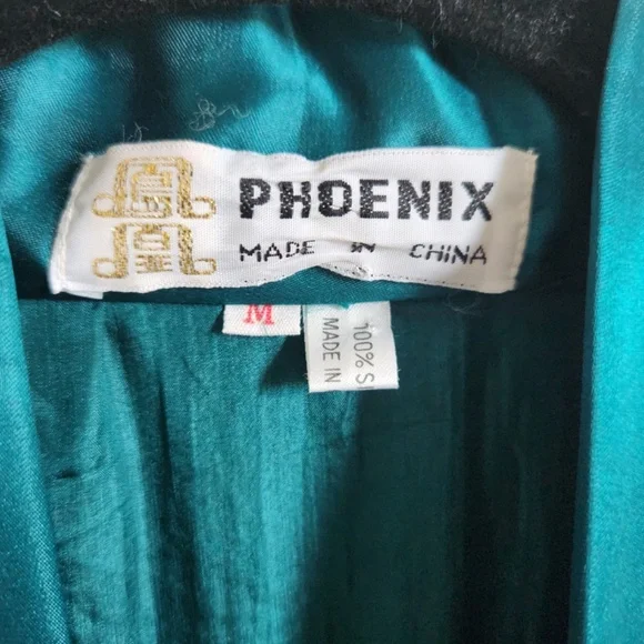 Vintage Silk Robe Phoenix Dragon Motif Teal Blue Medium